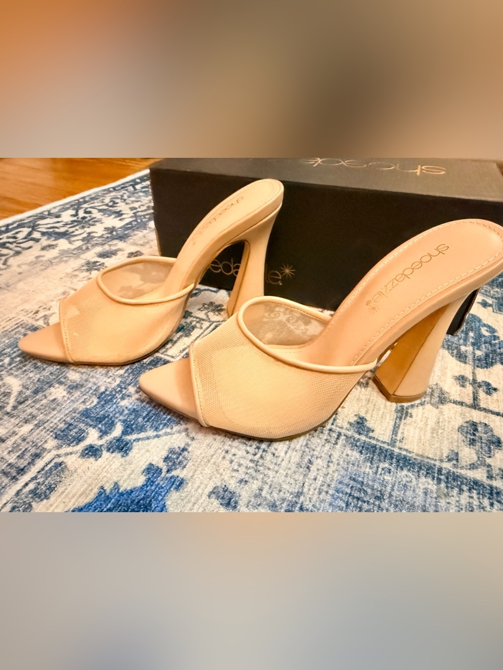 Shoe Dazzle Mira New Nude Open-Toe Block Heel Mules Size 5.5 New in Box